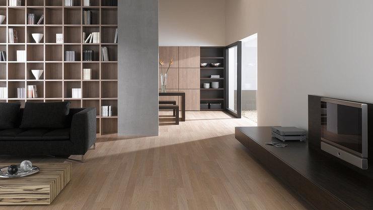 Offene Wohnraumimpression mit Einbauregal für Bücher und Dekoration in Trennwand mit hellem Holzboden