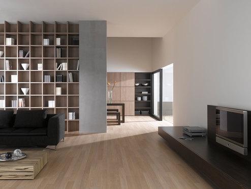 Offene Wohnraumimpression mit Einbauregal für Bücher und Dekoration in Trennwand mit hellem Holzboden